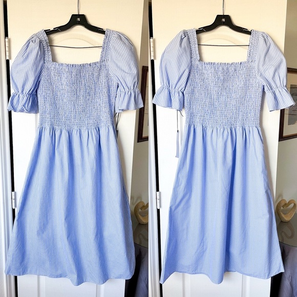 Damaris Bailey Azul Dress Smocked Puff Sleeve Midi Gingham Blue Large NWT - Picture 2 of 7
